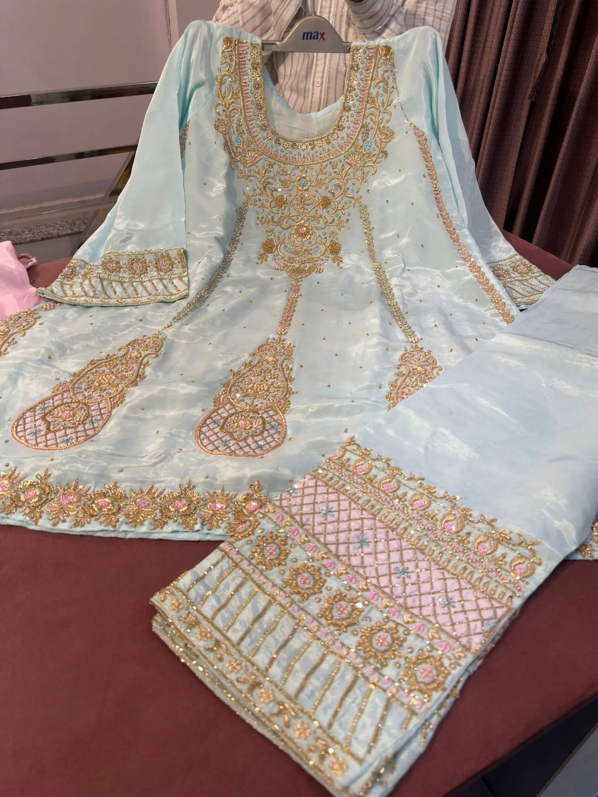 Firozi Anarkali Set with Zardozi Dabka and Cutdana embroidery