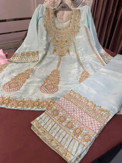 Firozi Anarkali Set with Zardozi Dabka and Cutdana embroidery