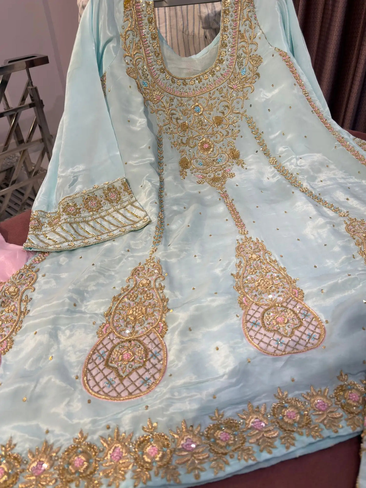 Firozi Zardozi Anarkali ghera with traditional floral embroidery