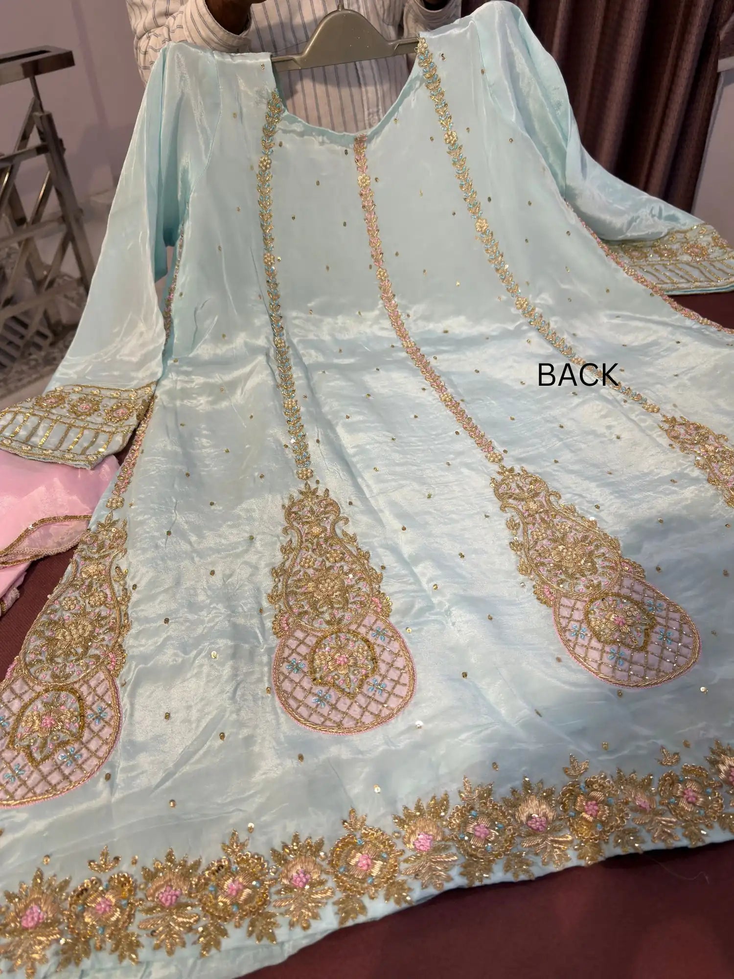 Firozi Zardozi Anarkali Set back view