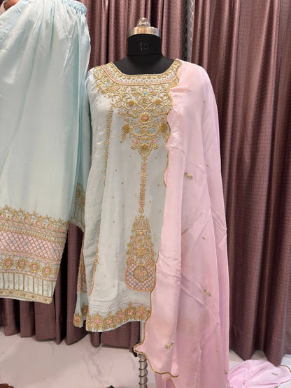 Firozi Zardozi Anarkali Set with handcrafted embroidery full front view