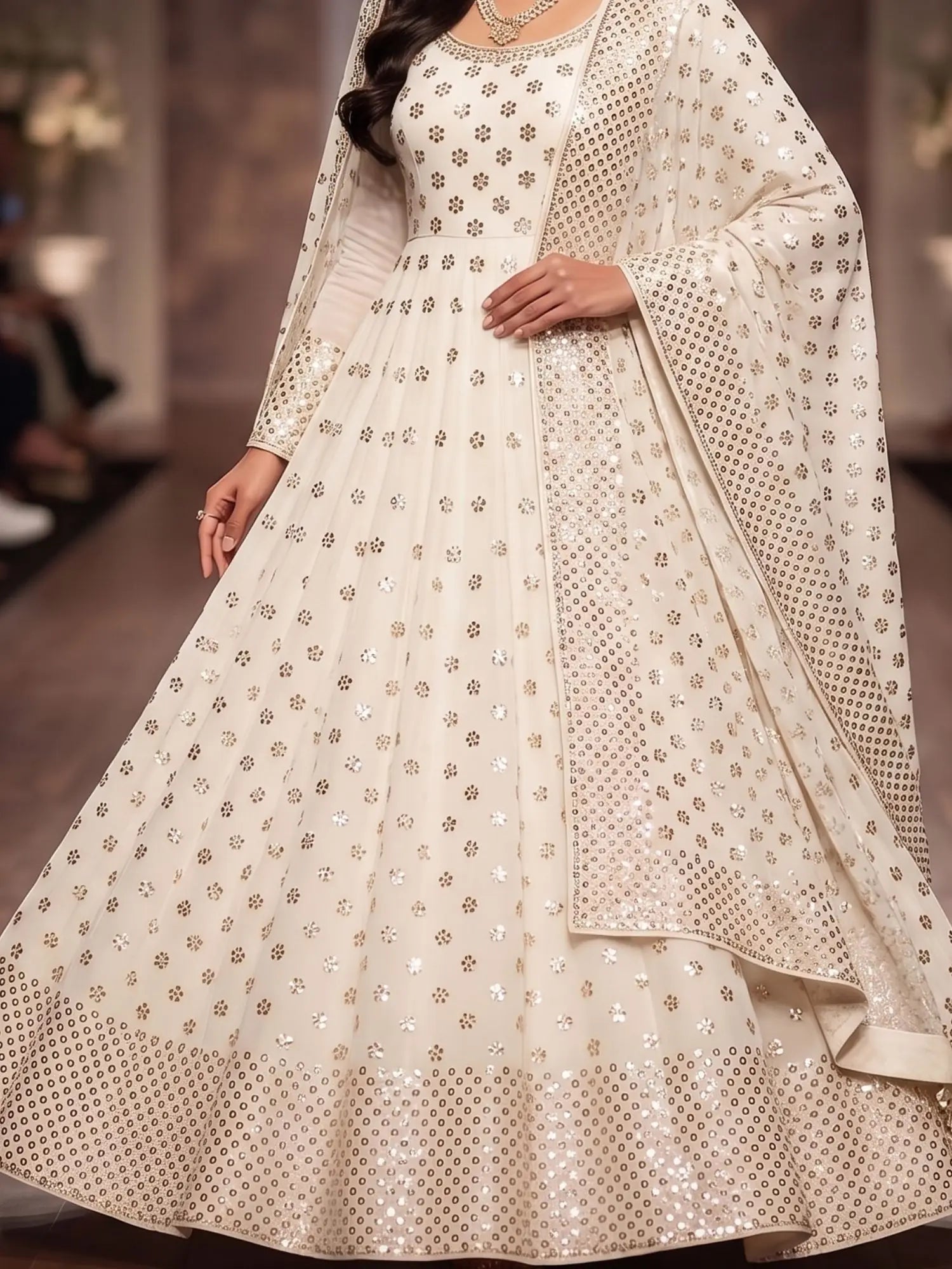 Model wearing a white floral Lucknowi Mukaish dupatta in Pure Georgette with handcrafted Kamdani work