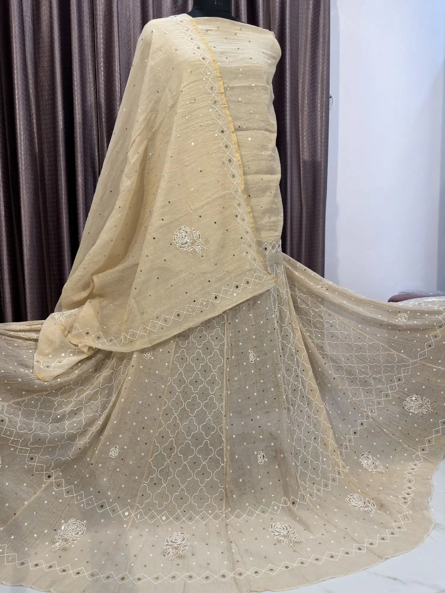 Front view of Floral Rose Lucknowi Chikankari Lehenga featuring handcrafted embroidery.