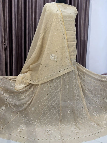 Side view of Floral Rose Lucknowi Chikankari Lehenga showcasing elegant artisan embroidery.