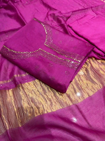 Fuchsia Pink Chanderi Silk Mukaish Suit front view