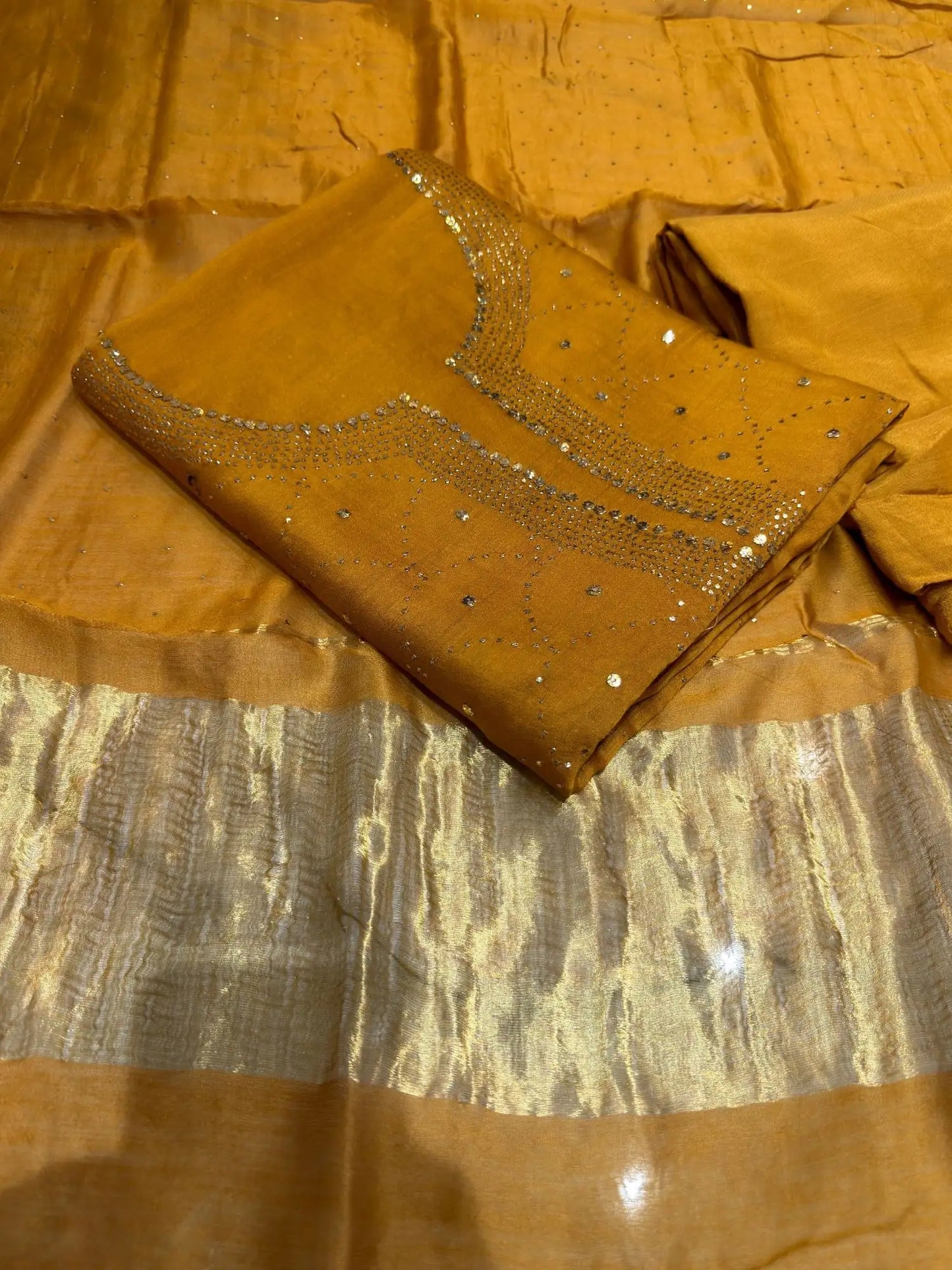 Golden Mustard Chanderi Silk Mukaish Suit with Mukaish work