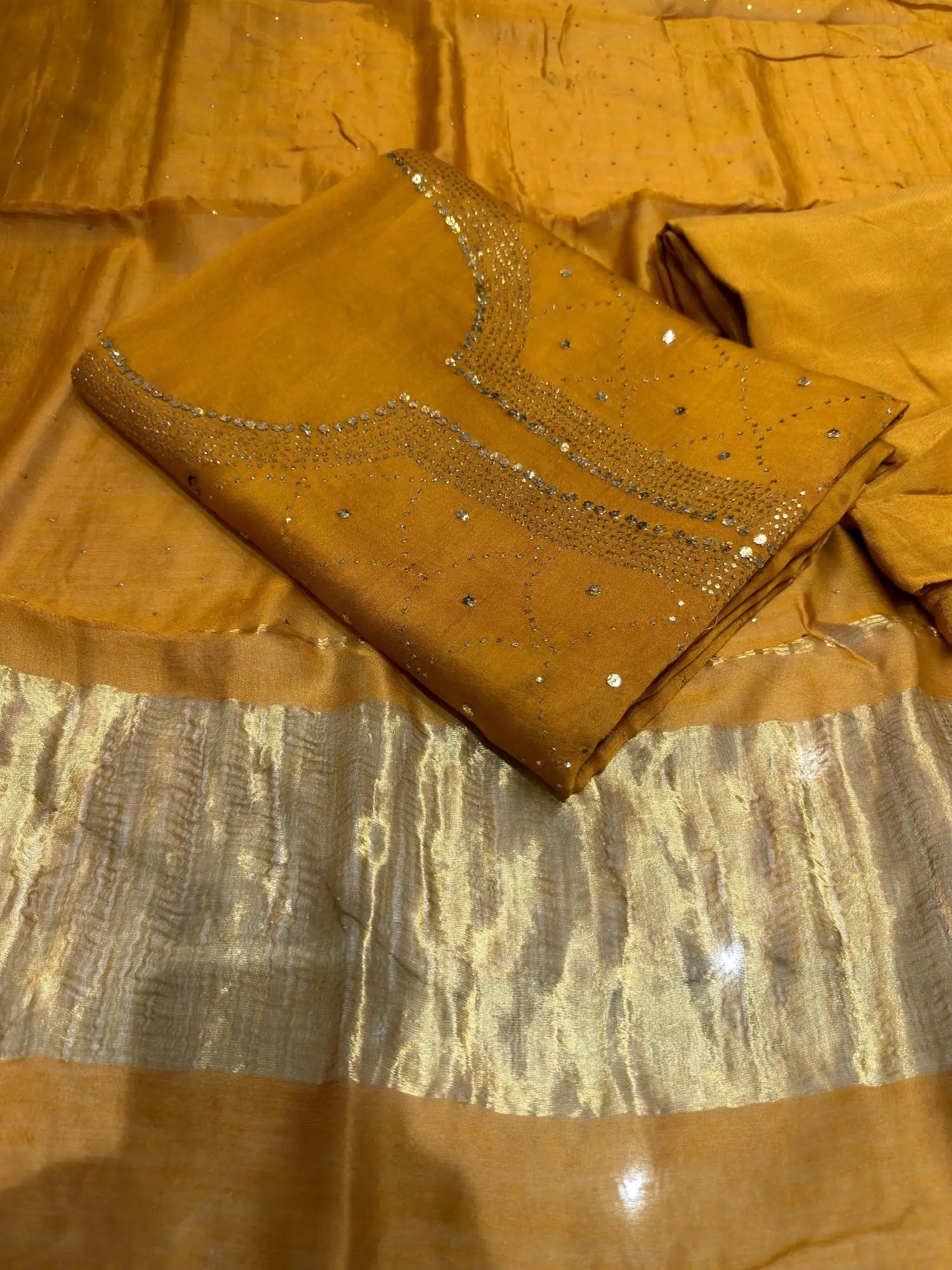 Golden Mustard Chanderi Silk Mukaish Suit with Mukaish work
