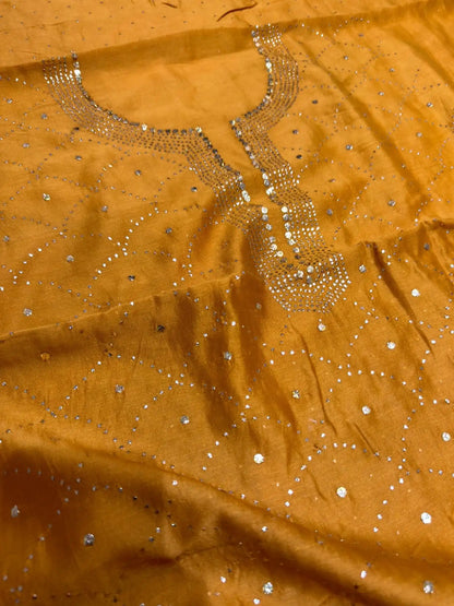 Neck detail of Golden Mustard Chanderi Silk suit with Mukaish work