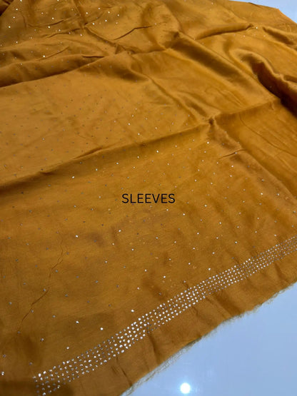 Sleeve detail of Golden Mustard Chanderi Silk Mukaish suit