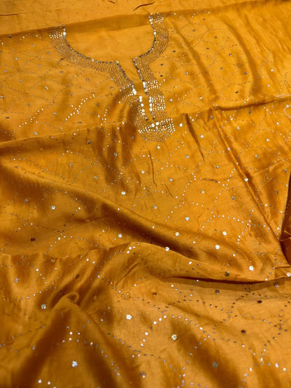 Close-up of Mukaish work on Golden Mustard Chanderi Silk suit