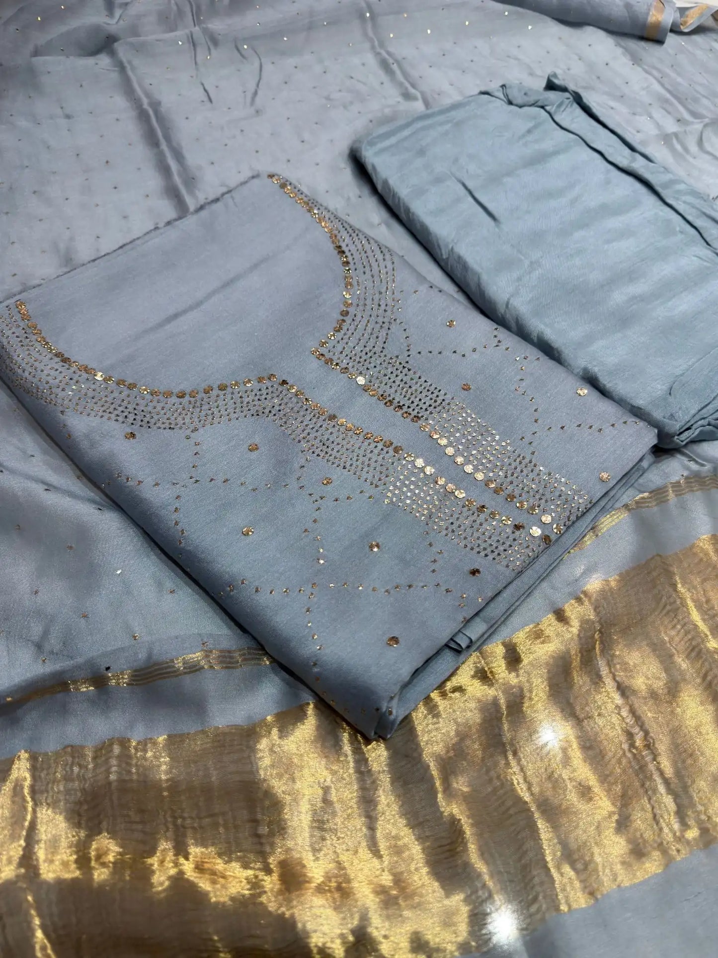 Grey Chanderi Silk Mukaish Suit with all-over diamond pattern front view