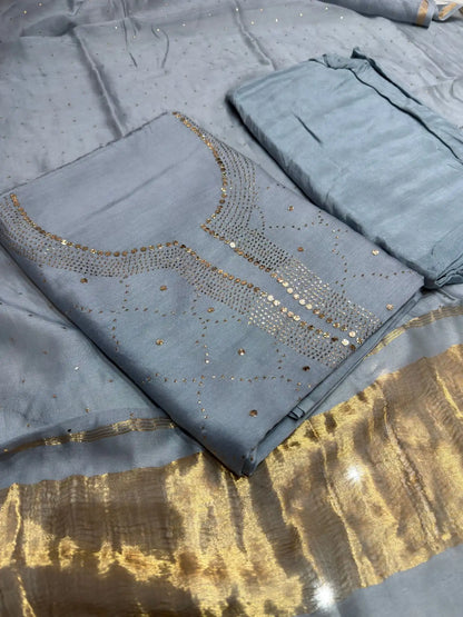 Grey Chanderi Silk Mukaish Suit with all-over diamond pattern front view