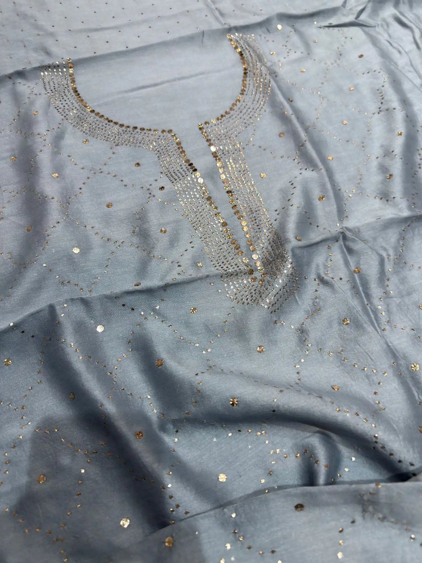 Grey Chanderi Silk Mukaish Suit neck design with diamond pattern