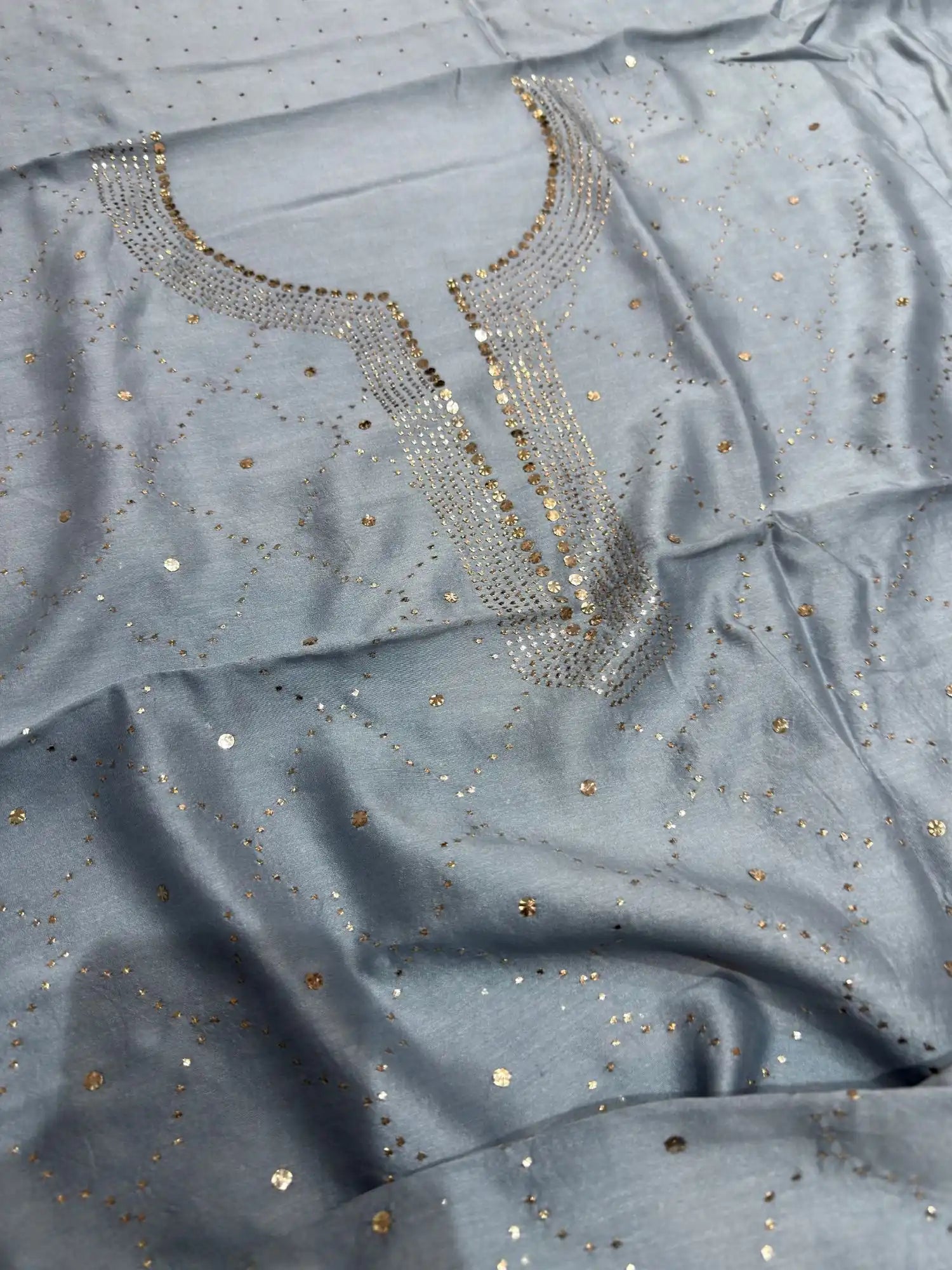 Grey Chanderi Silk Mukaish Suit neck design with diamond pattern