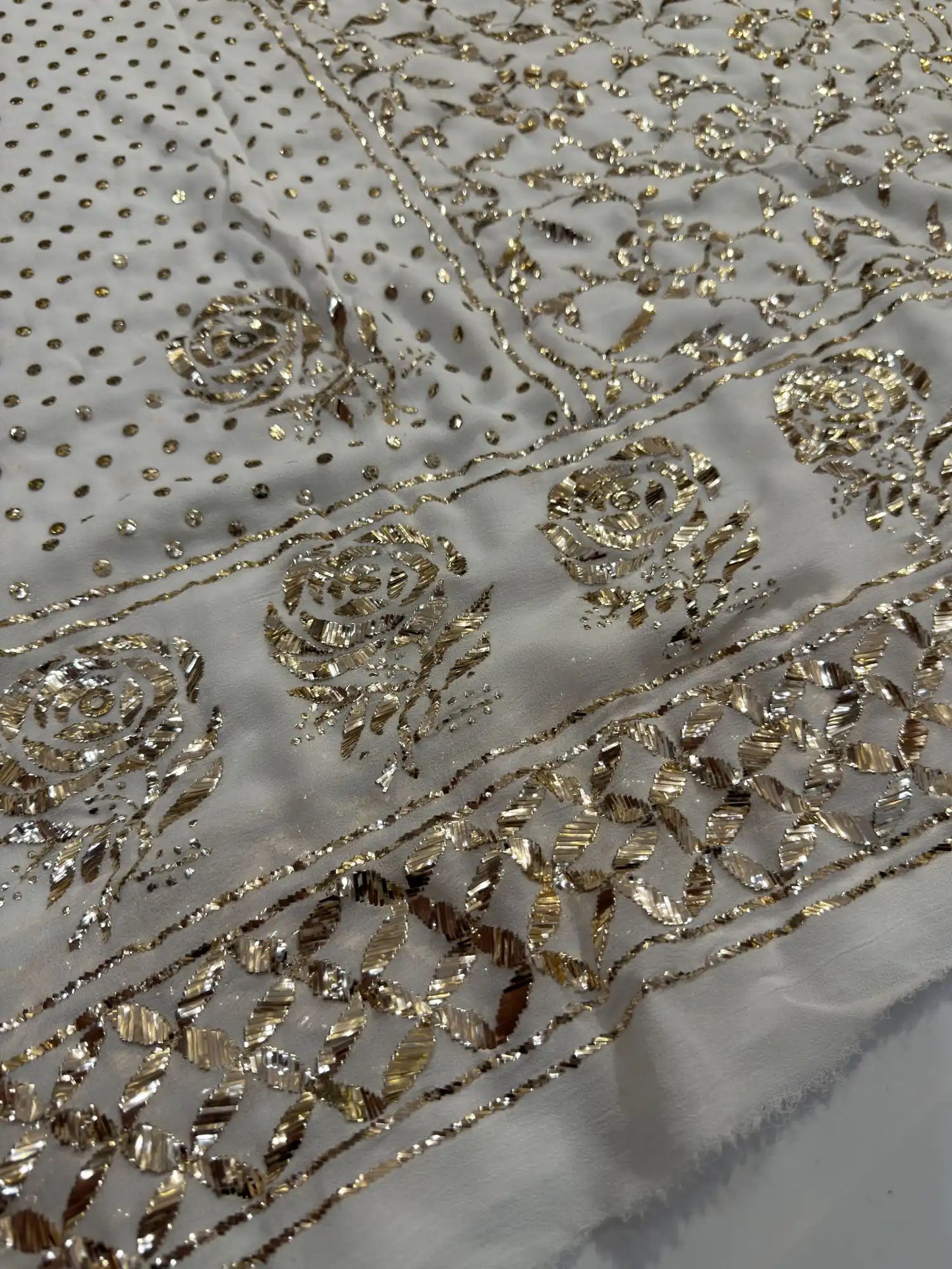 Close-up of handcrafted Badla and Mukaish embroidery on an off white Lucknowi Kurta Set