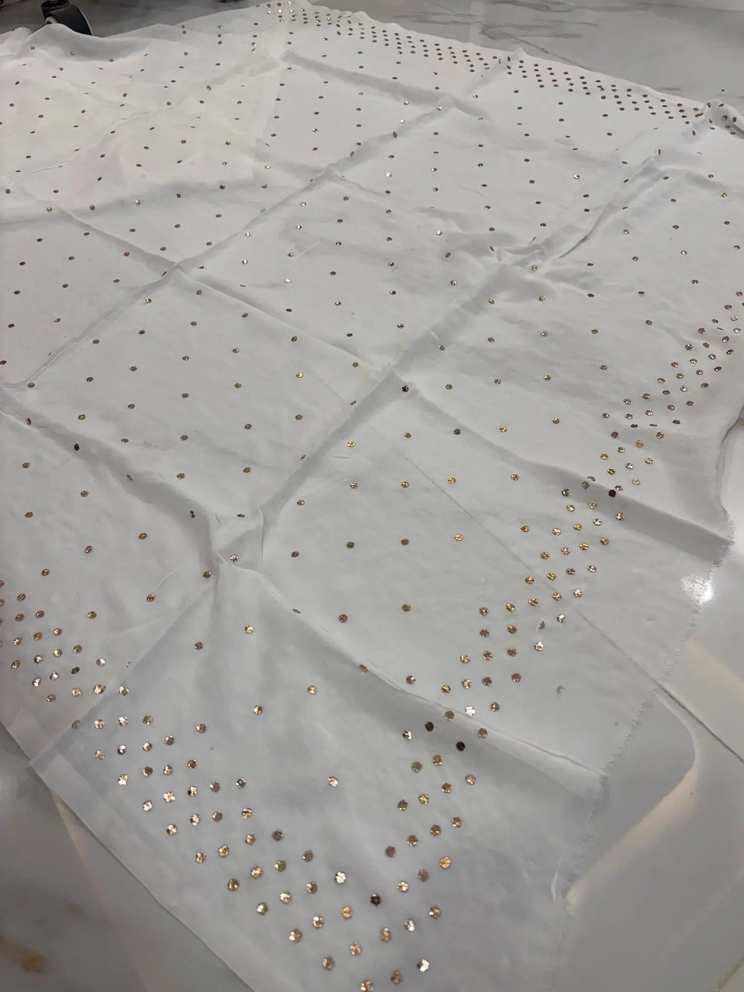Designer dupatta featuring heavy gold-toned Mukaish (Kamdani) handwork
