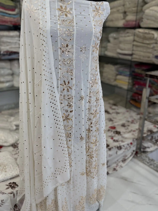 Front view of Lucknowi Chikankari Georgette Anarkali with heavy gold-toned Mukaish, Badla and Pearl handwork