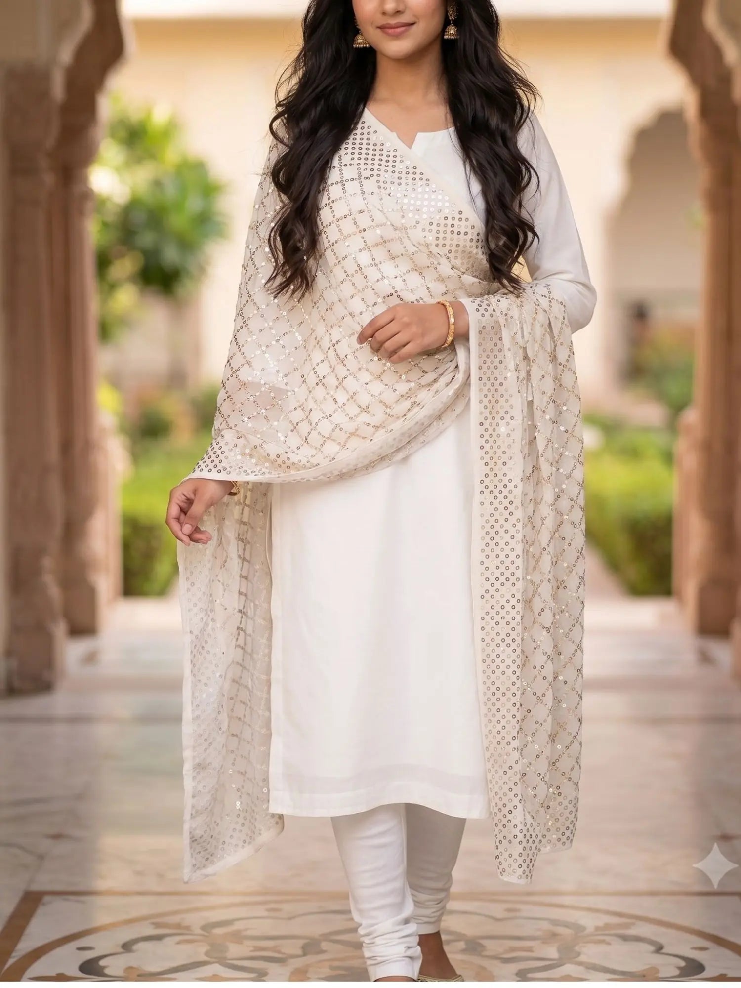 Full view of a White Pure Georgette dupatta with heavy Mukaish and Kamdani work