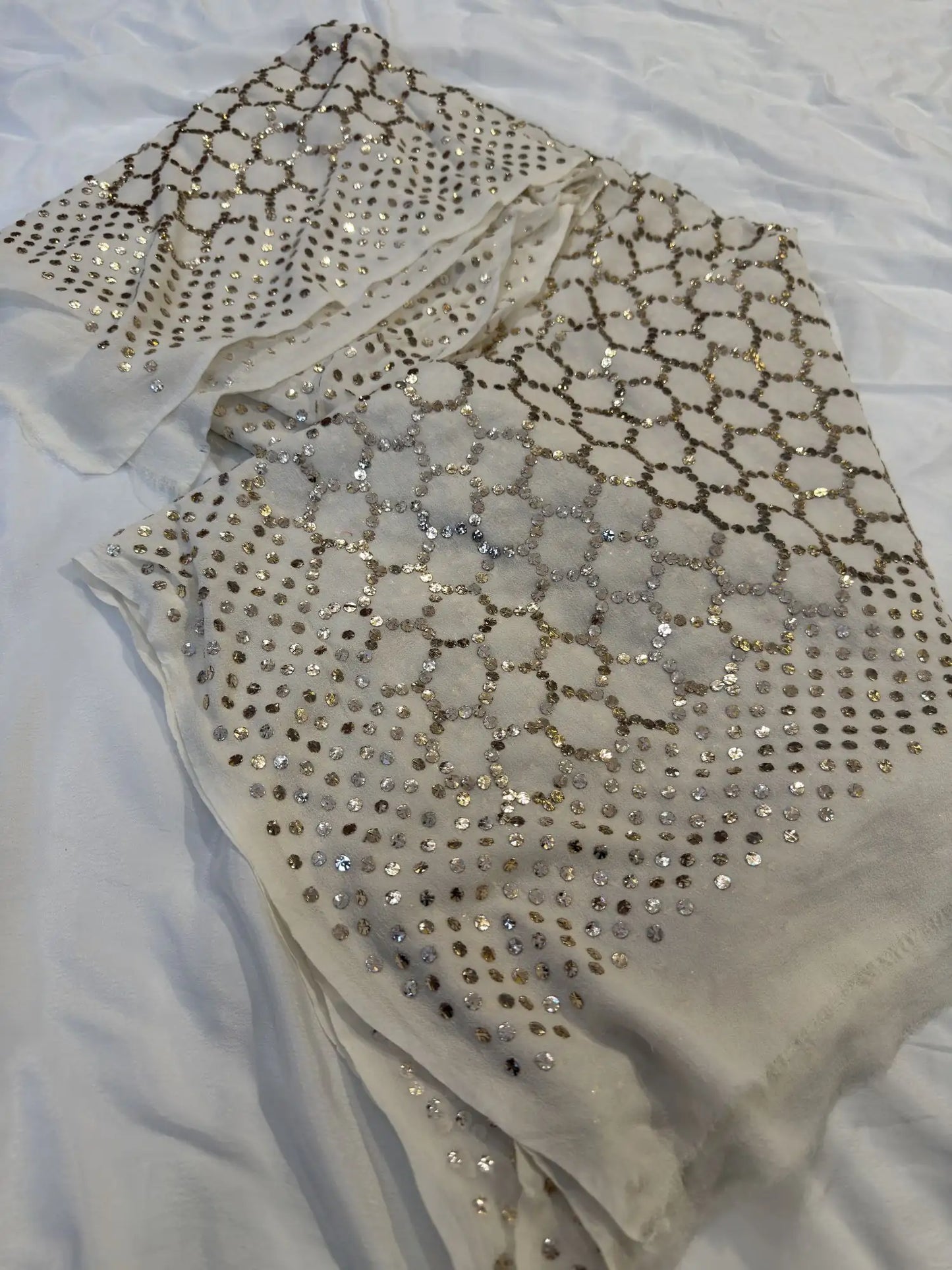 Side view of Honeycomb Lucknowi Chikankari Dupatta showcasing handcrafted embroidery.