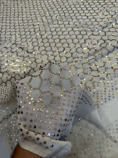 Close-up of geometric honeycomb Mukaish and Kamdani handwork on a White Pure Georgette dupatta