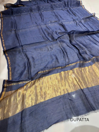 Indigo Chanderi Silk dupatta from a Mukaish work unstitched suit set