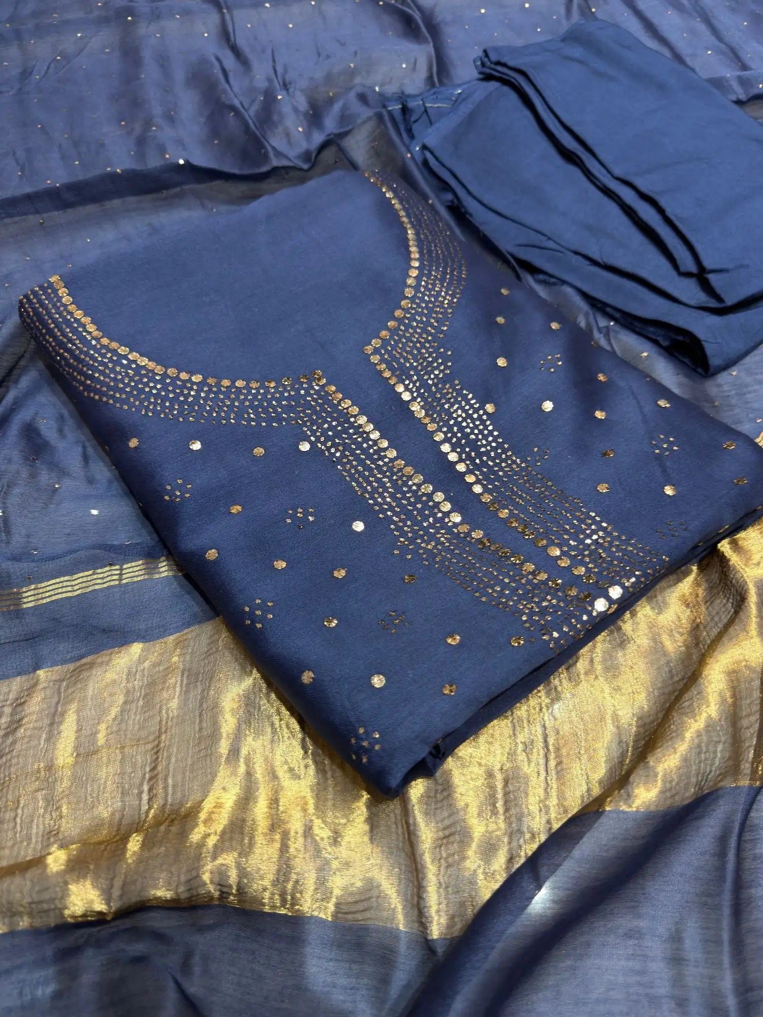 Indigo Chanderi Silk Mukaish Suit with Mukaish work
