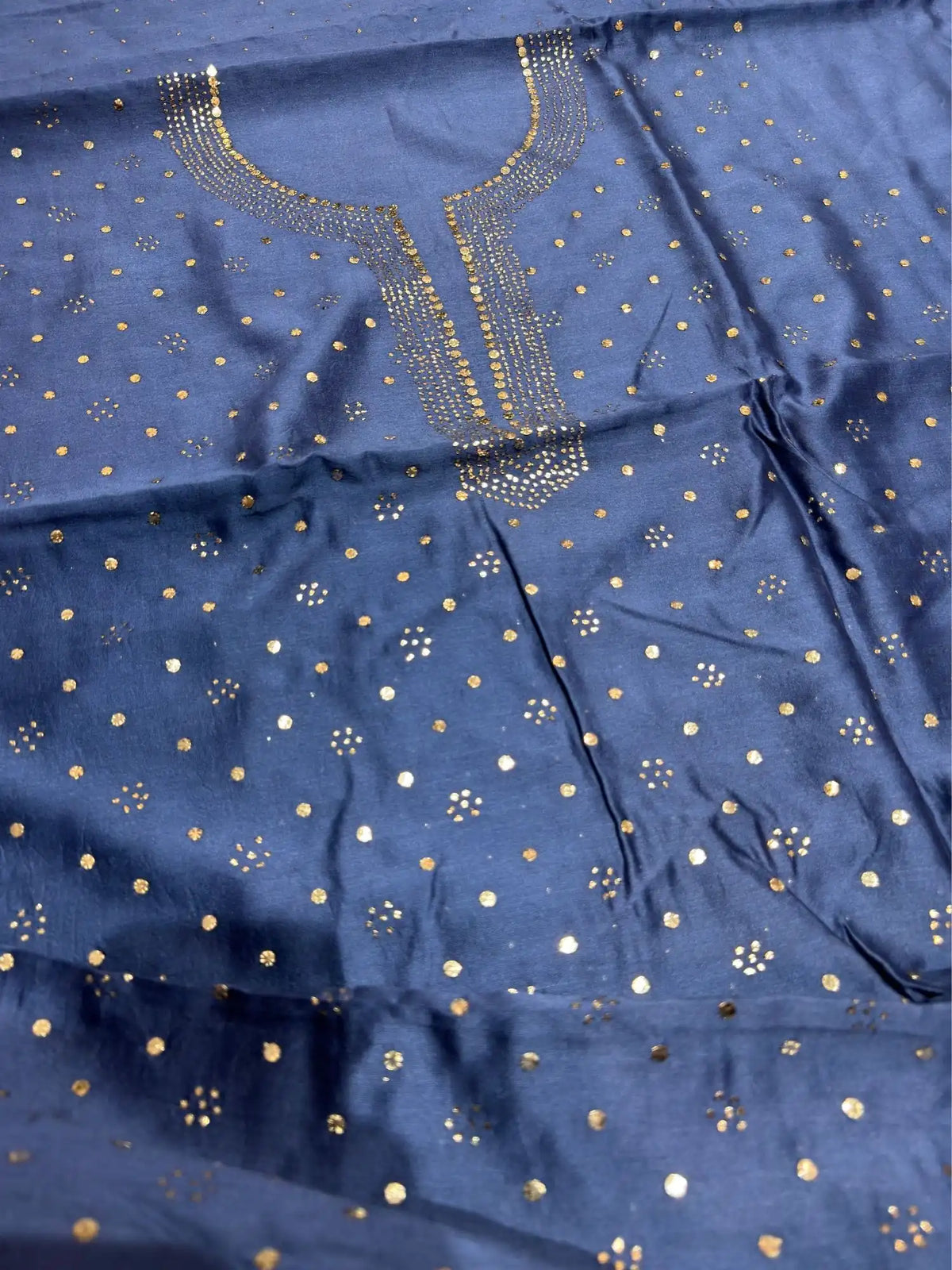 Close-up of Mukaish work on Indigo Chanderi Silk suit