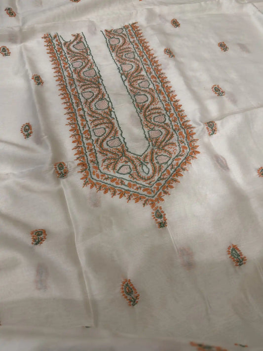 Close-up of peach and sage green Lucknowi Chikankari embroidery on the neckline of ivory dyeable Chanderi Silk fabric.
