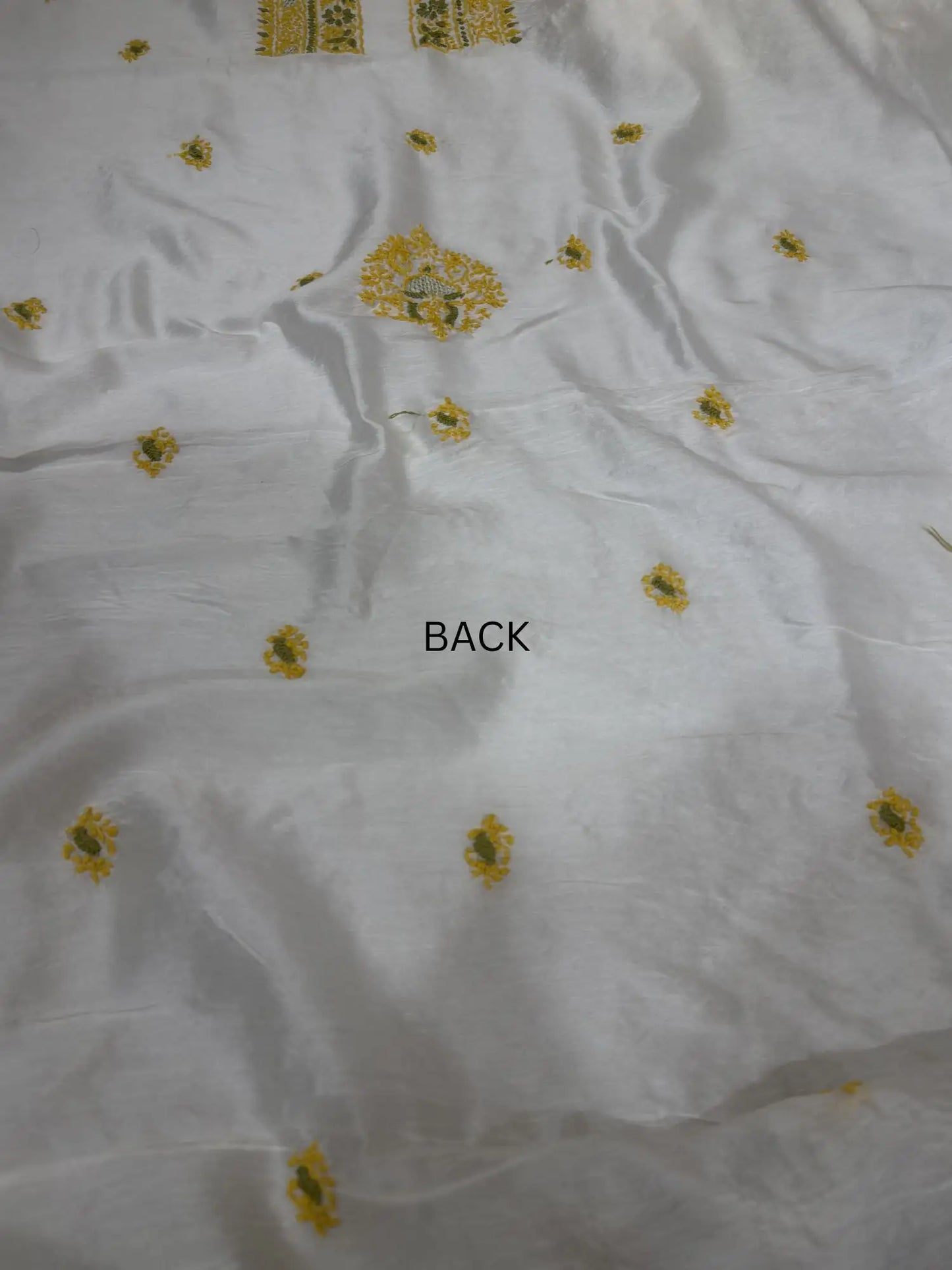Delicate handcrafted Lucknowi Chikankari back embroidery across ivory dyeable Chanderi Silk unstitched kurta fabric.
