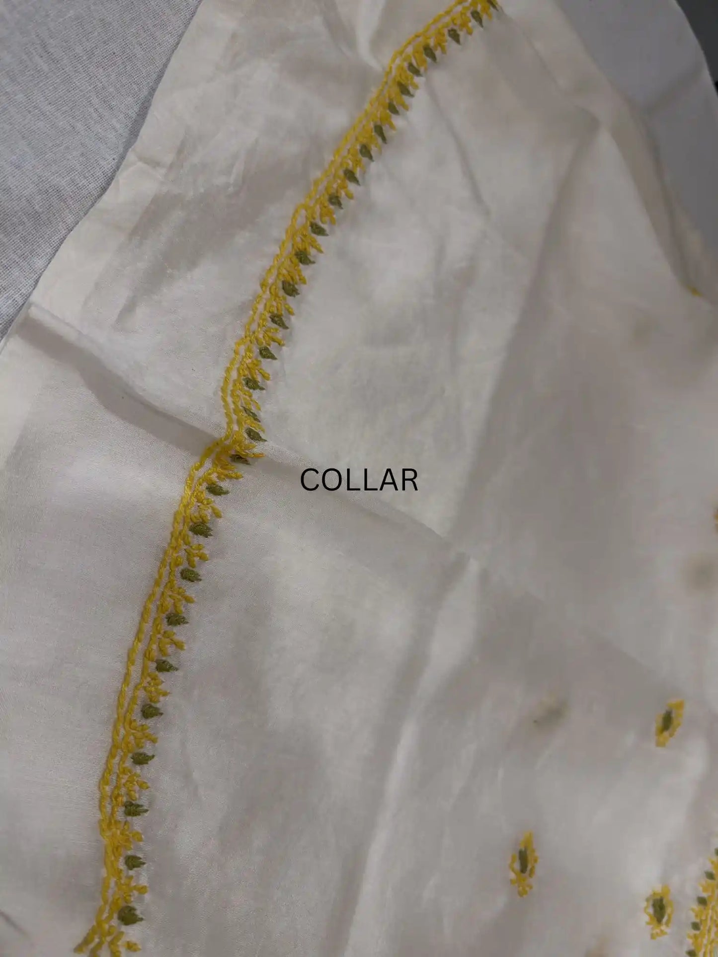 Handcrafted Lucknowi Chikankari collar embroidery on premium ivory dyeable Chanderi Silk unstitched kurta fabric.