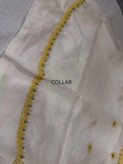 Handcrafted Lucknowi Chikankari collar embroidery on premium ivory dyeable Chanderi Silk unstitched kurta fabric.