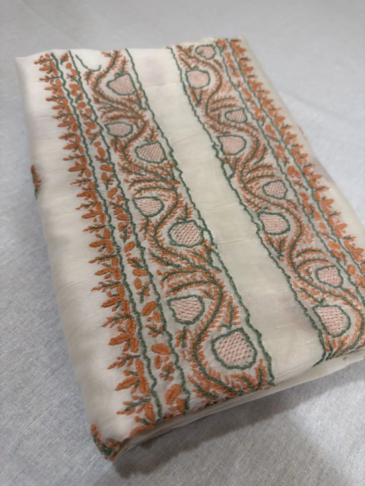 Ivory dyeable Lucknowi Chikankari Chanderi Silk unstitched kurta fabric with peach and sage green hand embroidery for men and women.