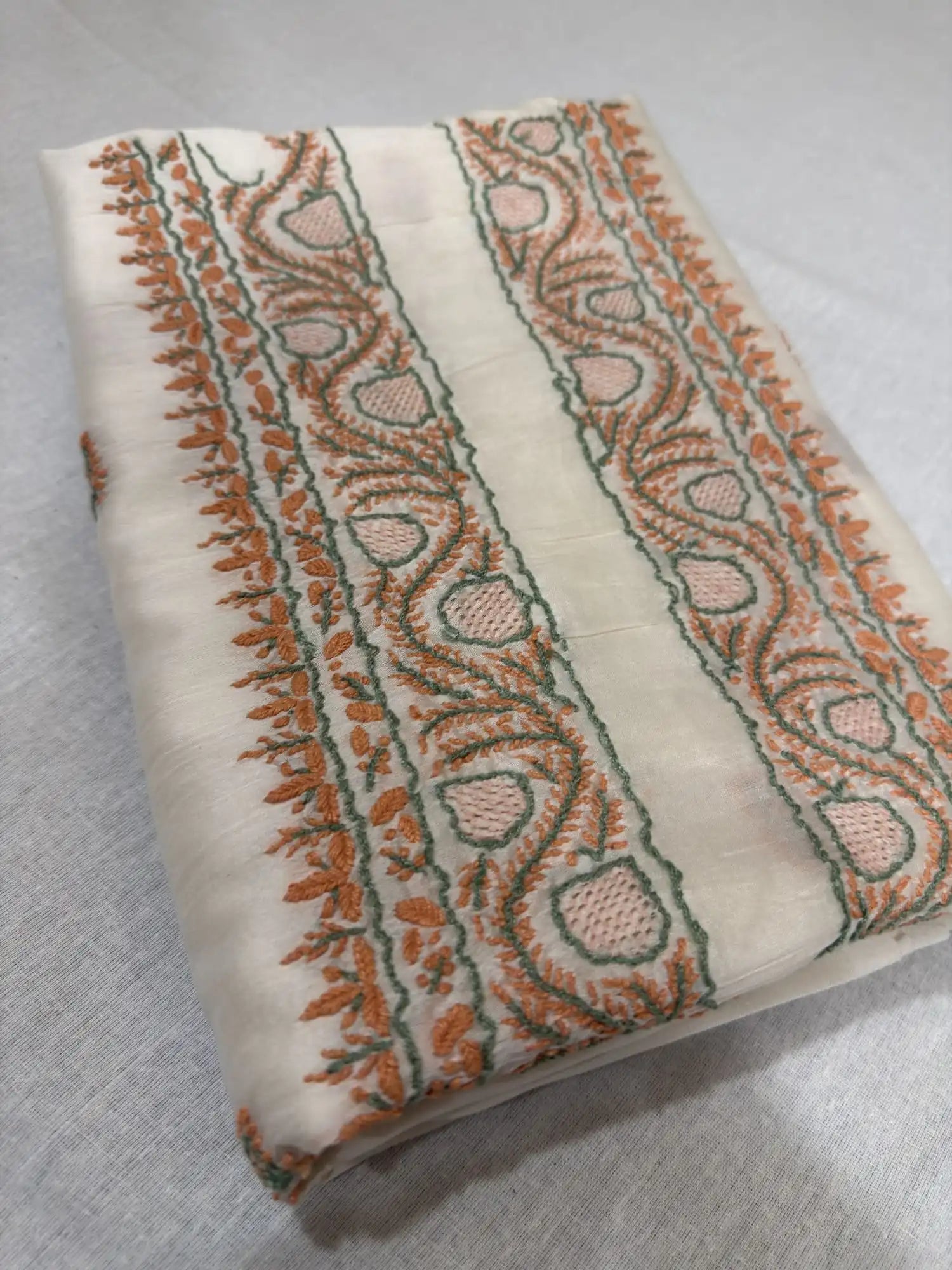 Ivory dyeable Lucknowi Chikankari Chanderi Silk unstitched kurta fabric with peach and sage green hand embroidery for men and women.