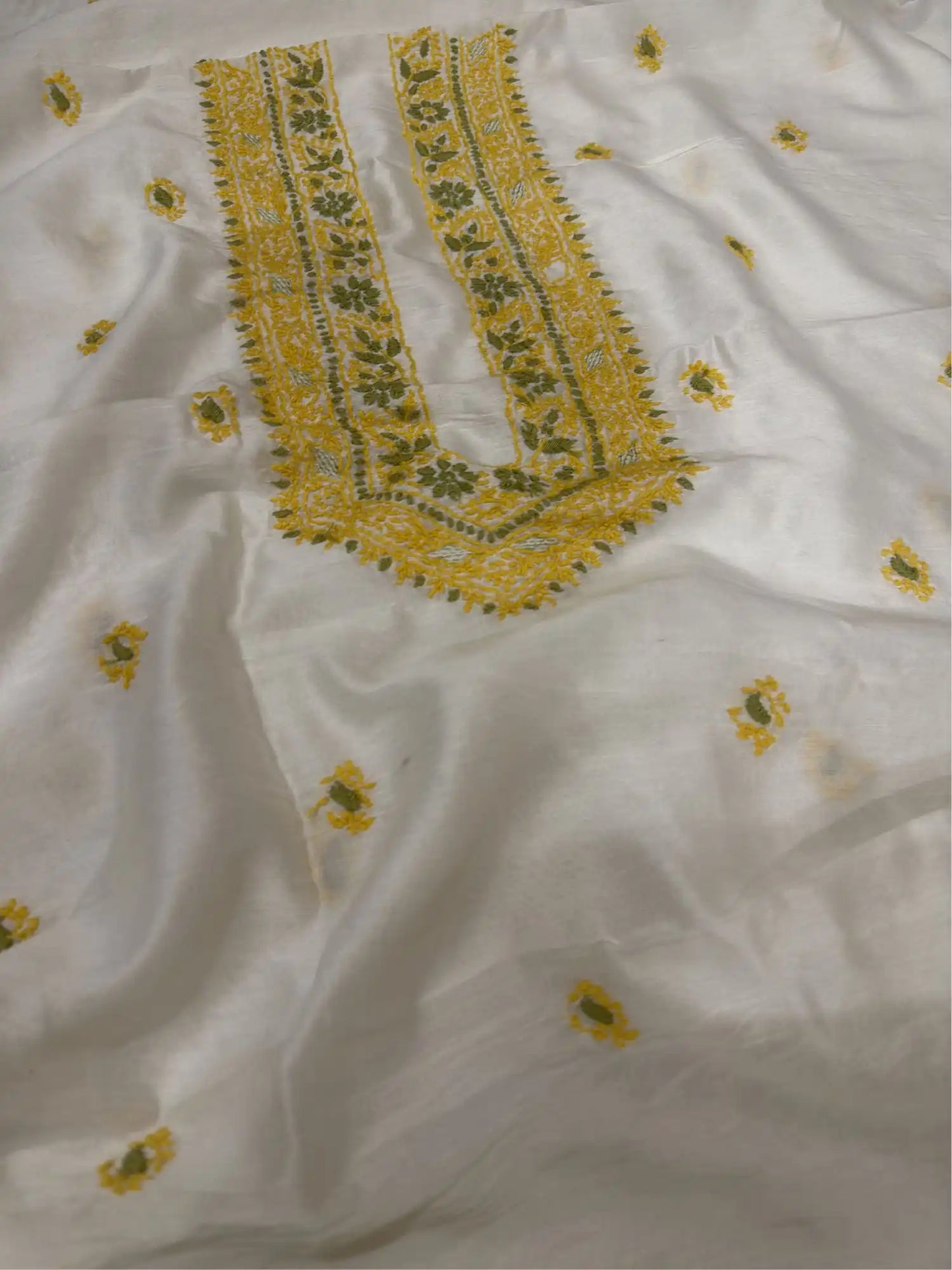 Ivory dyeable Lucknowi Chikankari Chanderi Silk unstitched kurta fabric with mustard yellow and olive green hand embroidery for men and women.