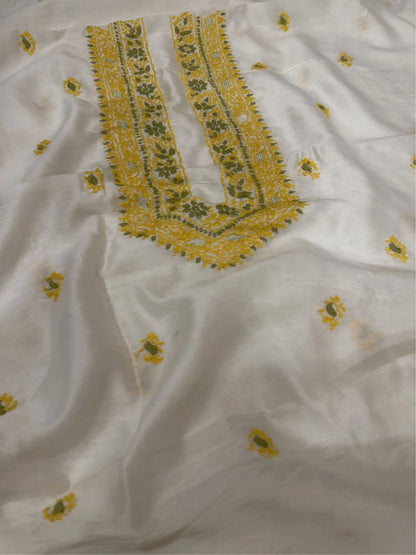 Ivory dyeable Lucknowi Chikankari Chanderi Silk unstitched kurta fabric with mustard yellow and olive green hand embroidery for men and women.