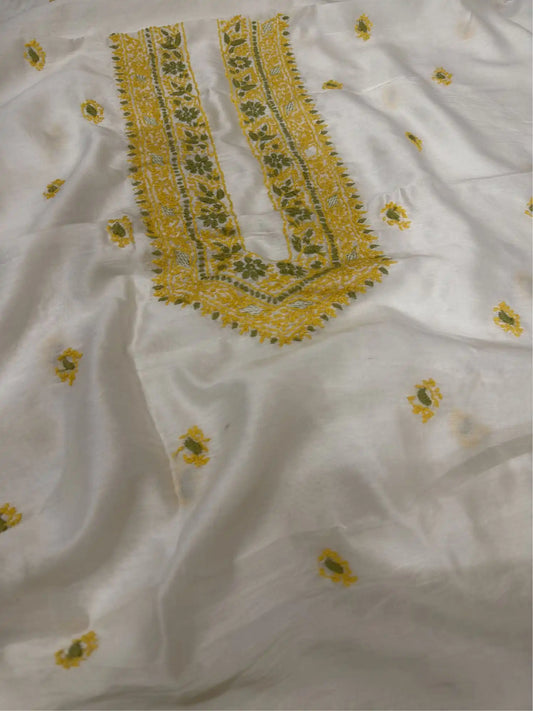 Ivory dyeable Lucknowi Chikankari Chanderi Silk unstitched kurta fabric with mustard yellow and olive green hand embroidery for men and women.