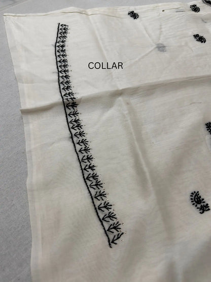 Detailed Chikankari embroidery and hand Mukaish work on the collar of Ivory White Chanderi Silk kurta fabric.