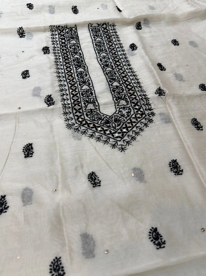 Front detail of Ivory White Chanderi Silk kurta fabric featuring light Chikankari embroidery and hand Mukaish work.