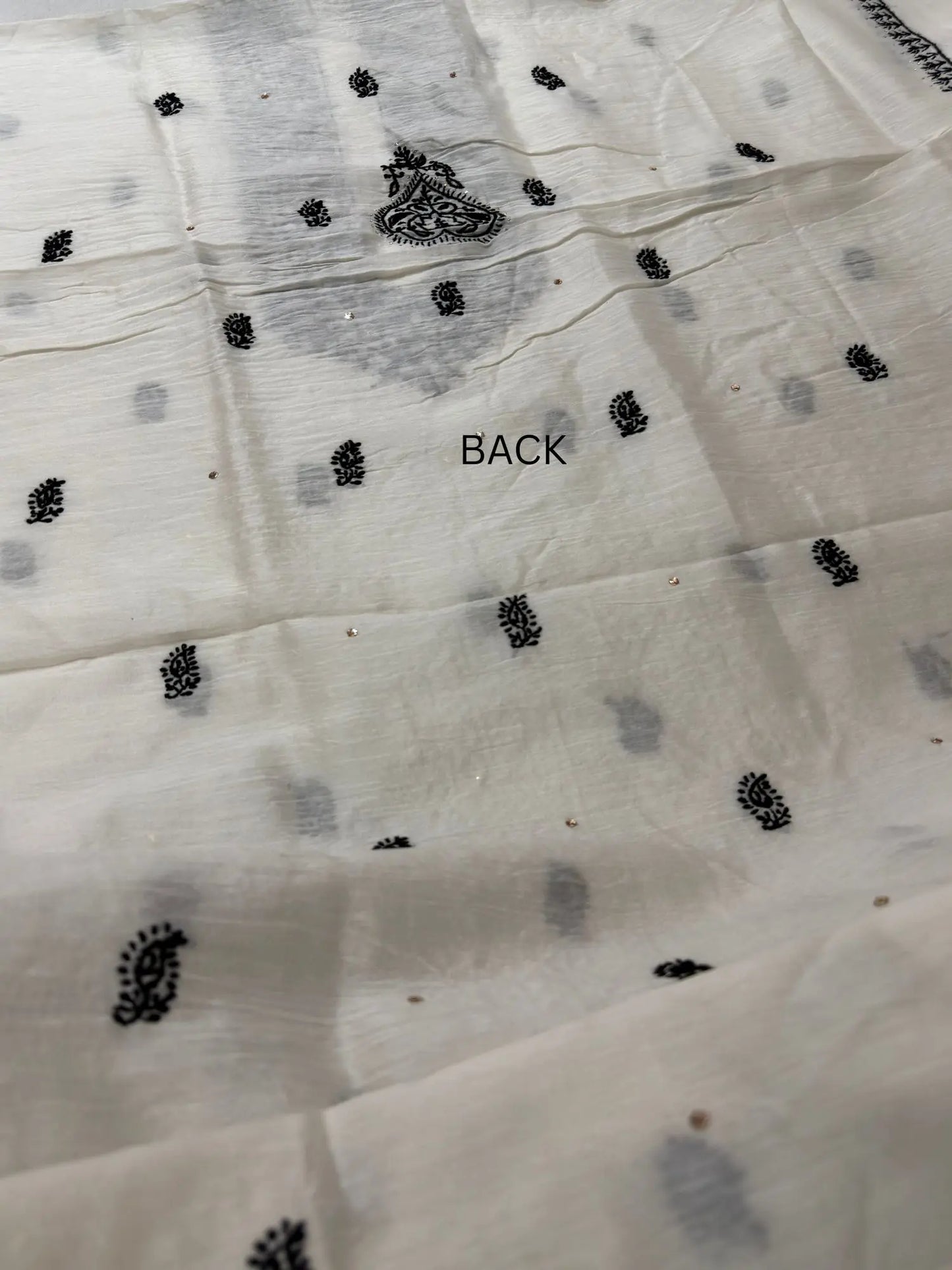 Back view of Ivory White Chanderi Silk Chikankari unstitched kurta fabric.