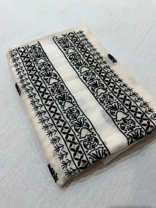 Ivory White Chanderi Silk Chikankari unstitched kurta fabric with fine embroidery and hand Mukaish work.