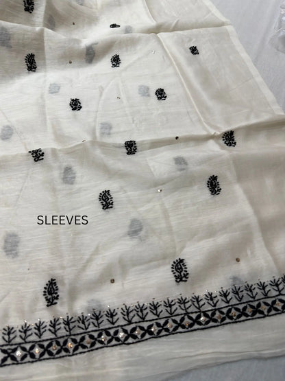 Fine Chikankari embroidery and hand Mukaish detailing on the sleeve of Ivory White Chanderi Silk kurta fabric.