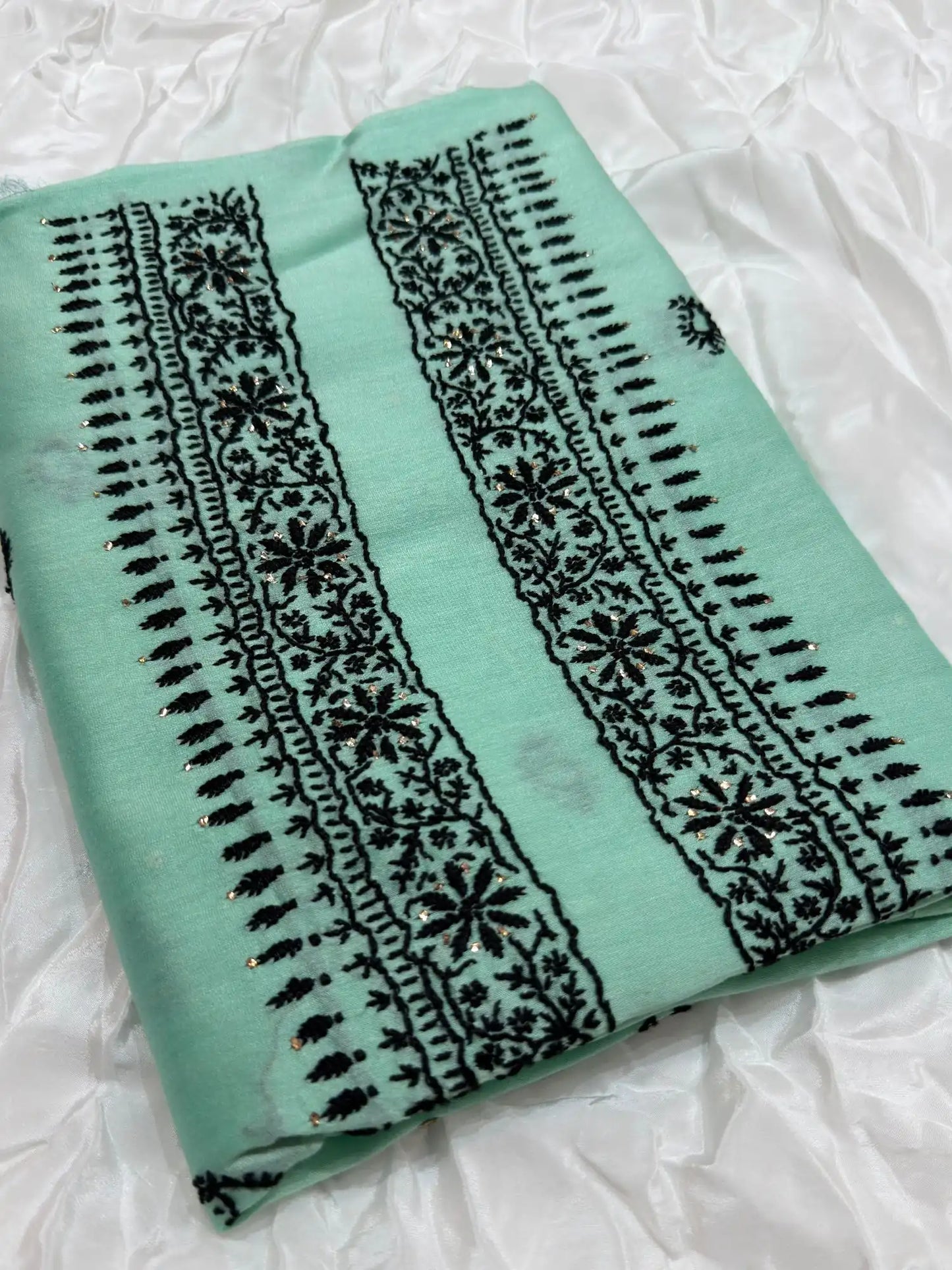 Lavender Mist Chanderi Silk Chikankari unstitched kurta fabric with fine white embroidery and hand Mukaish work.