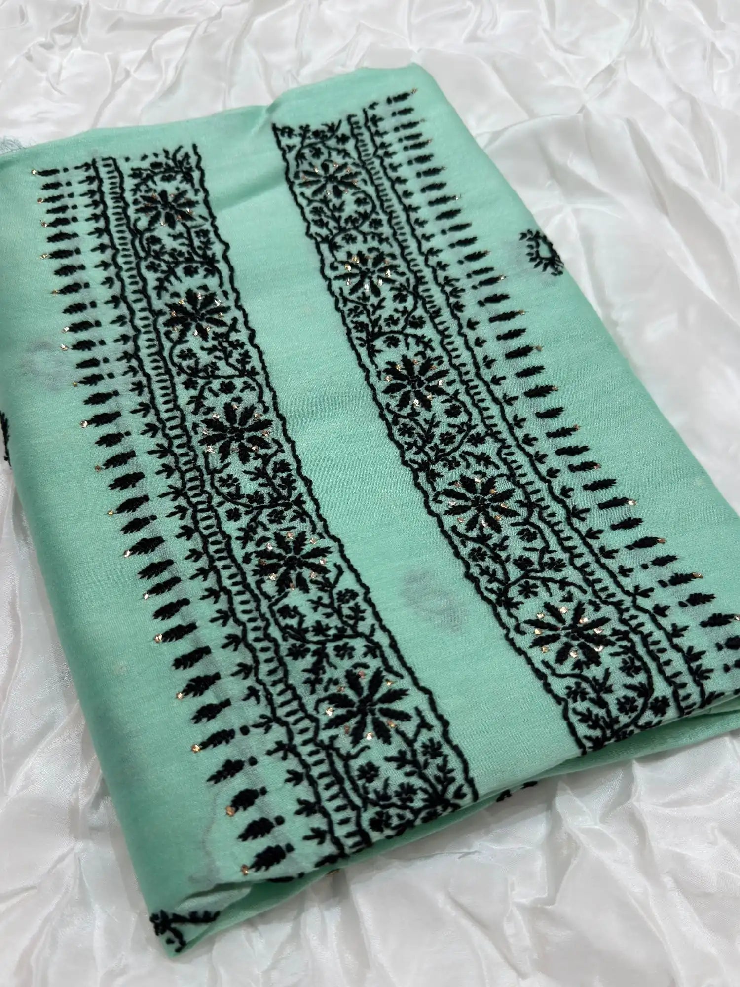 Lavender Mist Chanderi Silk Chikankari unstitched kurta fabric with fine white embroidery and hand Mukaish work.