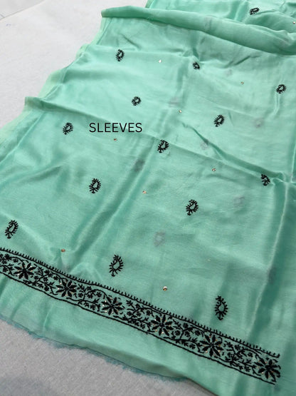 Fine white Lucknowi Chikankari embroidery and hand Mukaish work on Lavender Mist Chanderi Silk sleeve fabric.