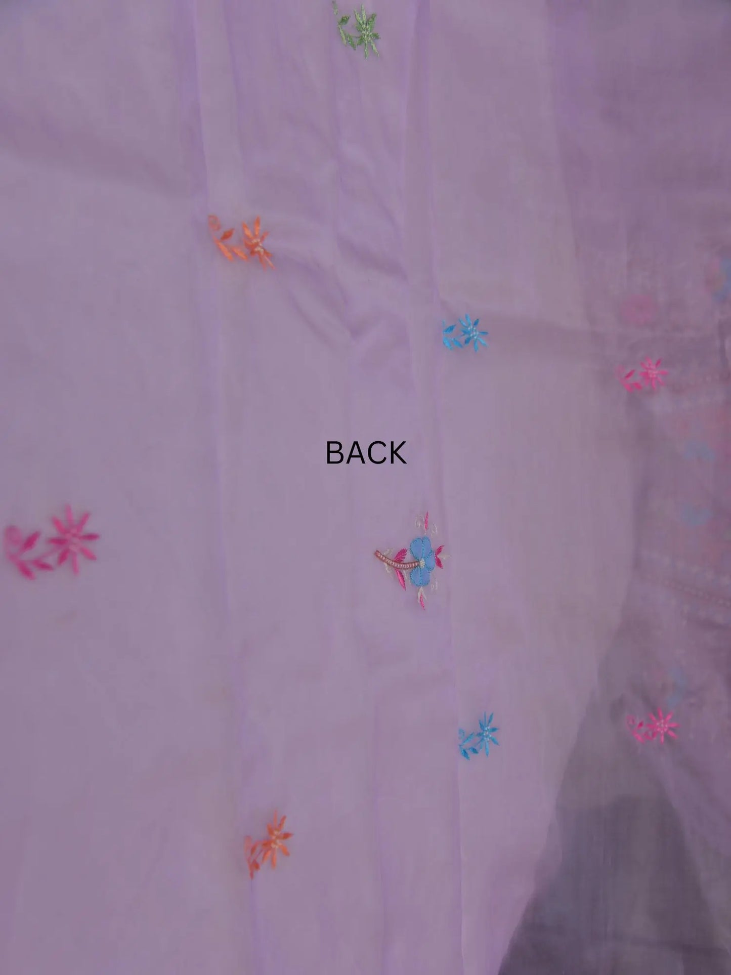 Back view of lavender Pure Organza Silk straight suit with floral embroidery