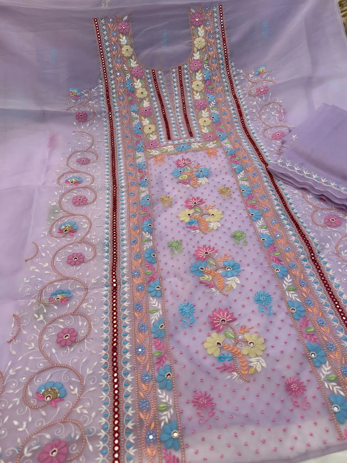 Lavender Pure Organza Silk straight suit with multicolour floral Parsi Shadow embroidery full