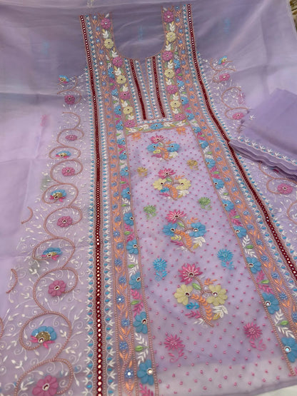 Lavender Pure Organza Silk straight suit with multicolour floral Parsi Shadow embroidery full