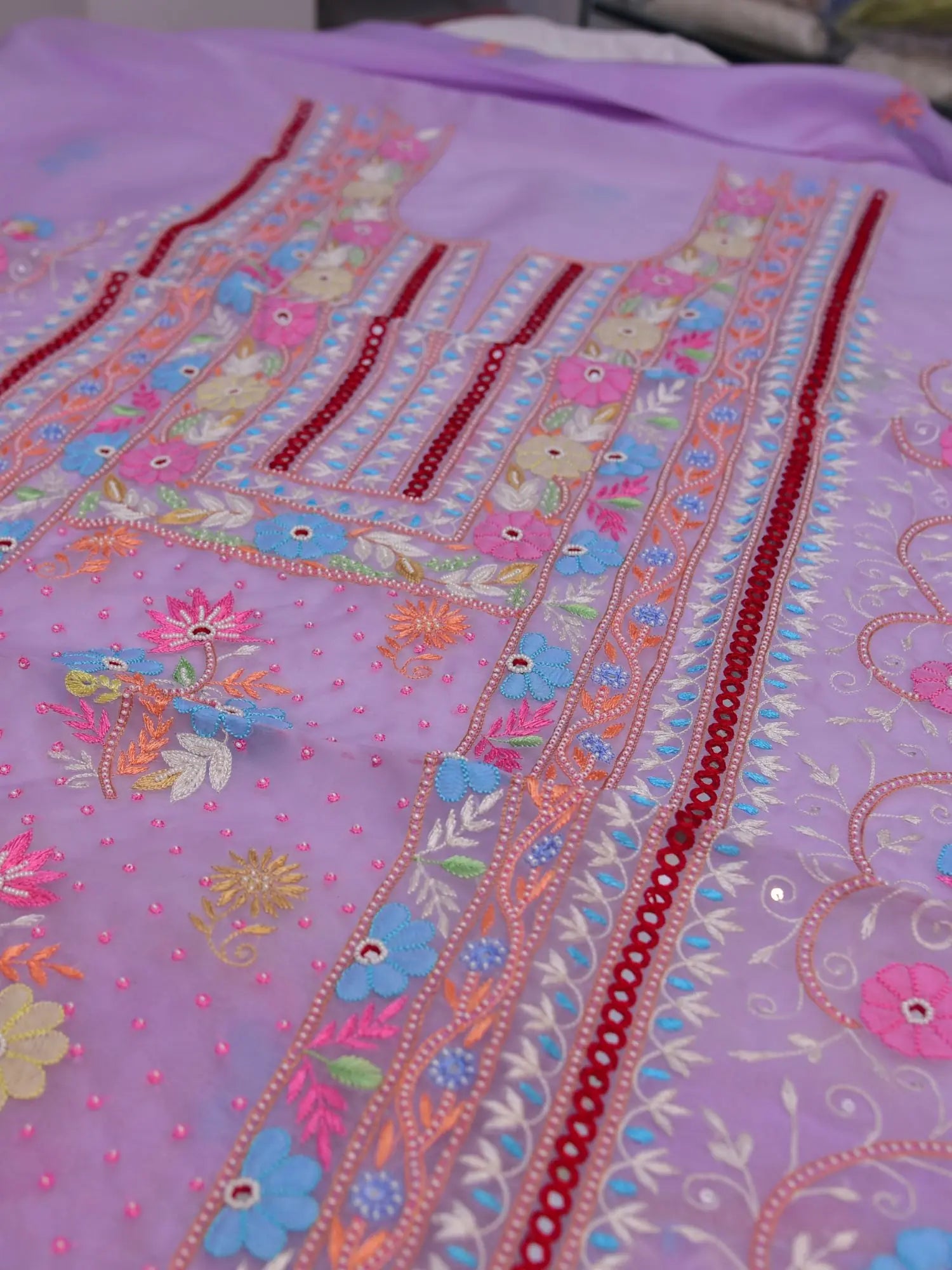 Lavender Pure Organza Silk suit with multicolour floral embroidery and pearl detailing