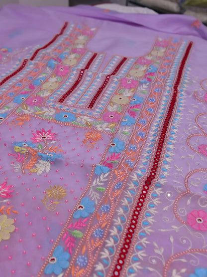Lavender Pure Organza Silk suit with multicolour floral embroidery and pearl detailing