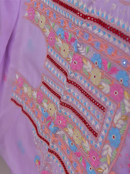 Neck detail of lavender Pure Organza Silk suit with floral embroidery and pearl detailing